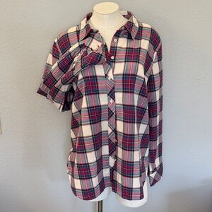 New! Talbots Red and Blue Plaid long sleeve Cotton Blouse